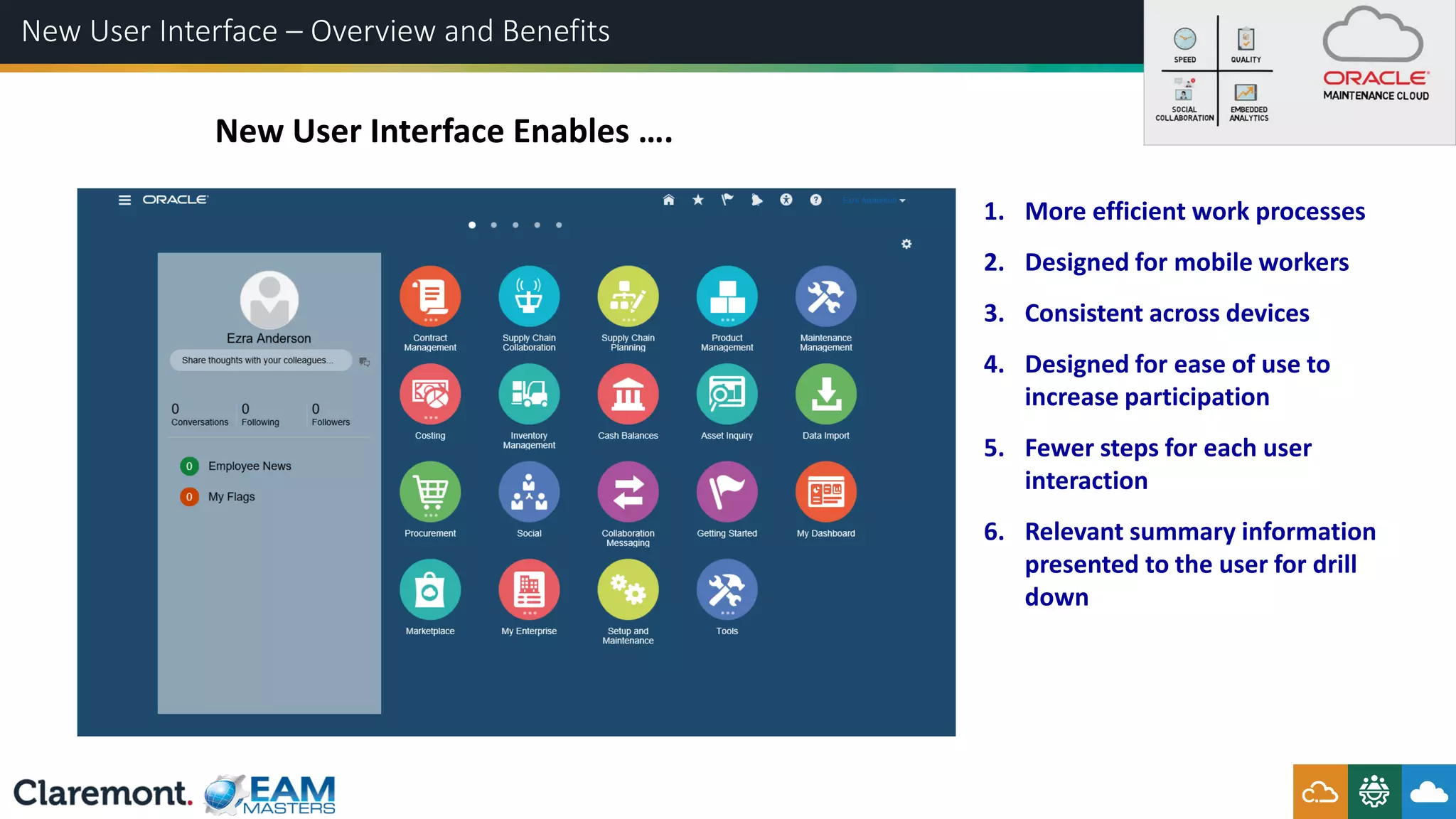 New User Interface – Overview and Benefits
1. More efficient work processes
2. Designed for mobile workers
3. Consistent across devices
4. Designed for ease of use to
increase participation
5. Fewer steps for each user
interaction
6. Relevant summary information
presented to the user for drill
down
New User Interface Enables ….
 