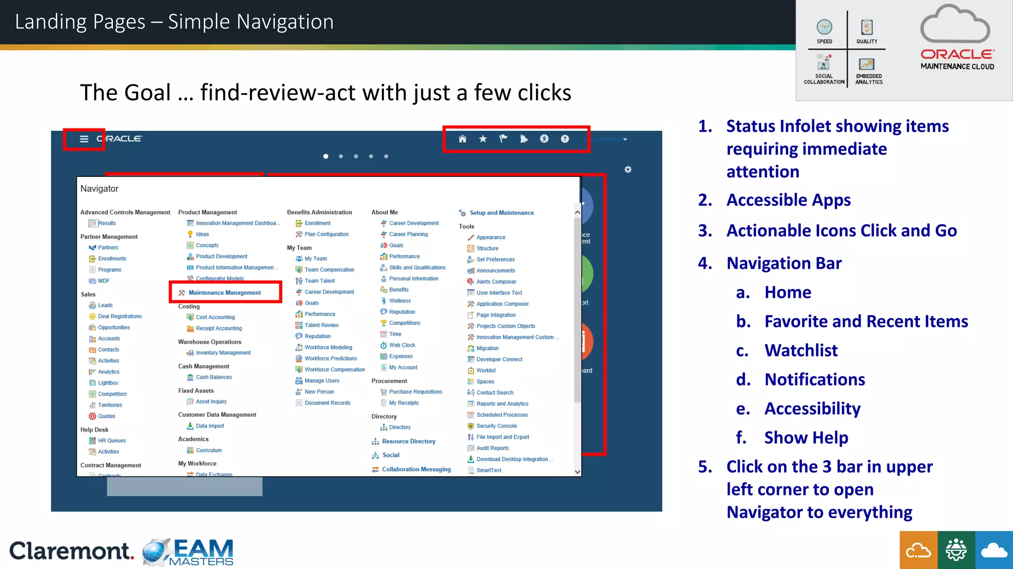Landing Pages – Simple Navigation
2. Accessible Apps
3. Actionable Icons Click and Go
4. Navigation Bar
a. Home
b. Favorite and Recent Items
c. Watchlist
d. Notifications
e. Accessibility
f. Show Help
1. Status Infolet showing items
requiring immediate
attention
The Goal … find-review-act with just a few clicks
5. Click on the 3 bar in upper
left corner to open
Navigator to everything
 