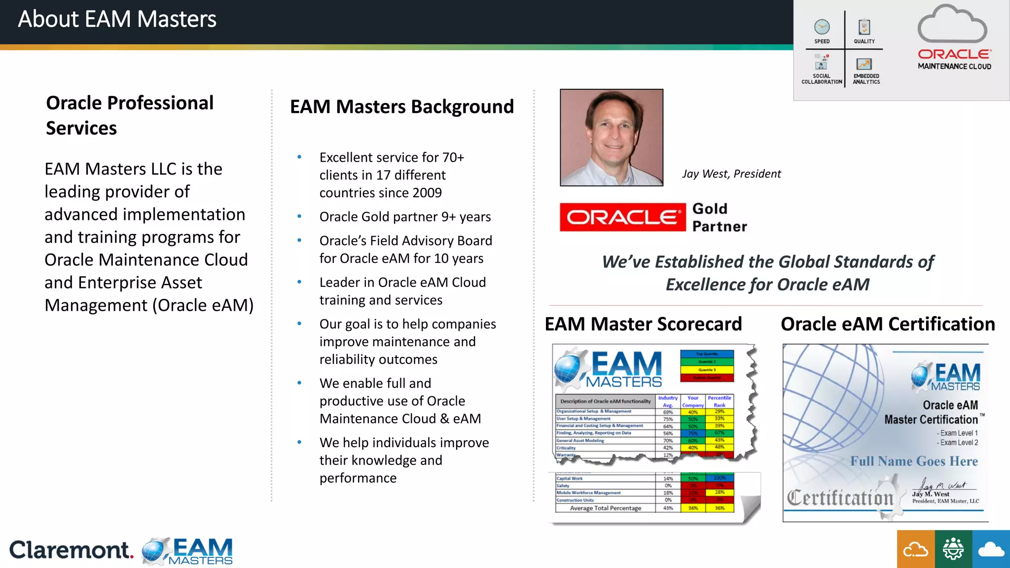 About EAM Masters
EAM Masters Background
• Excellent service for 70+
clients in 17 different
countries since 2009
• Oracle Gold partner 9+ years
• Oracle’s Field Advisory Board
for Oracle eAM for 10 years
• Leader in Oracle eAM Cloud
training and services
• Our goal is to help companies
improve maintenance and
reliability outcomes
• We enable full and
productive use of Oracle
Maintenance Cloud & eAM
• We help individuals improve
their knowledge and
performance
Oracle Professional
Services
EAM Masters LLC is the
leading provider of
advanced implementation
and training programs for
Oracle Maintenance Cloud
and Enterprise Asset
Management (Oracle eAM)
We’ve Established the Global Standards of
Excellence for Oracle eAM
Jay West, President
EAM Master Scorecard Oracle eAM Certification
 