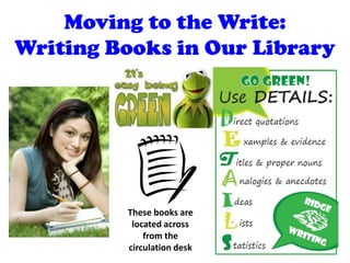 Moving to the Write:
Writing Books in Our Library
These books are
located across
from the
circulation desk
 