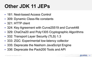 © Copyright Azul Systems 2019
Other JDK 11 JEPs
 181: Nest-based Access Control
 309: Dynamic Class-file constants
 321: HTTP client
 324: Key Agreement with Curve25519 and Curve448
 329: ChaCha20 and Poly1305 Cryptographic Algorithms
 332: Transport Layer Security (TLS) 1.3
 333: ZGC: Experimental low-latency collector
 335: Deprecate the Nashorn JavaScript Engine
 336: Deprecate the Pack200 Tools and API
29
 