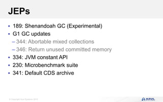 © Copyright Azul Systems 2019
JEPs
 189: Shenandoah GC (Experimental)
 G1 GC updates
– 344: Abortable mixed collections
– 346: Return unused committed memory
 334: JVM constant API
 230: Microbenchmark suite
 341: Default CDS archive
 