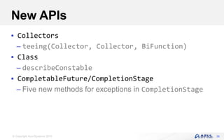 © Copyright Azul Systems 2019
New APIs
 Collectors
– teeing(Collector, Collector, BiFunction)
 Class
– describeConstable
 CompletableFuture/CompletionStage
– Five new methods for exceptions in CompletionStage
39
 