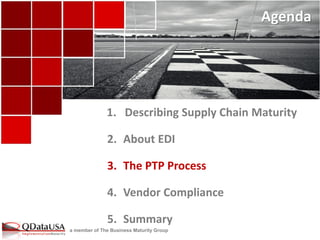 a member of The Business Maturity Group 
Agenda 
1.Describing Supply Chain Maturity 
2.About EDI 
3.The PTP Process 
4.Vendor Compliance 
5.Summary  