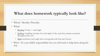 What does homework typically look like?
• When? Monday-Thursday
• What?
• Reading-10 min. + each night
• Spelling-4 spelling activities for each night of the week that remain consistent
throughout the year
• Math-worksheet each night that corresponds with that day’s lesson
• Who? It’s your child’s responsibility but you will need to help them along the
way
 