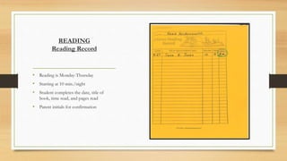 READING
Reading Record
• Reading is Monday-Thursday
• Starting at 10 min./night
• Student completes the date, title of
book, time read, and pages read
• Parent initials for confirmation
 