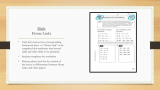 Math
Home Links
• Each day’s lesson has a corresponding
homework sheet or “Home Link” to be
completed that reinforces that lesson’s
skills and other skills to be practiced.
• Student completes the worksheet
• Parents, please look for the symbol of
the house to differentiate between Home
Links and other papers
 