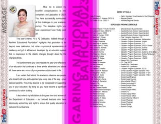 8
While in usual contexts, resilience is characterized, in essence, as a result
and a depiction of one’s unwavering behavior toward any challenges, for this
school year’s milestones, I would like to conclude it with some of the
reflections on resilience which I have chanced upon as Regional Director.
This time, I want to explore on perspective shifting and encourage all
learners, teachers, and even our internal and external stakeholders to allow
resilience as a natural occurrence in their lives; and that its existence can
originate from a self-sustained perseverance overcoming and weathering the
odds of not just in education, but in all of life’s tribulations. Resilience need
not be an aim meant to be clutched upon but a luxury meant to be available
for everyone who seeks to delight in the favors of his feats. It must also be
voluntary, possessed with the willingness and convenience to dispatch one’s
strategies and translate them into results and hence claim, that success has
touched down. To simply put, resilience must be everyone’s way of life.
With this exploration on resilience, we can then commence in attributing how
our dear graduates and completers have been molded through a resilient
educational foundation. Our education in the department has gone beyond
the concepts of teaching what resilience is, and hence explored on how
resilience must be for our learners. From the nightmares of the pandemic and
now onto our journey in living alongside the realities of Covid-19, DepEd has
focused on the development of a learner’s ability to cope in varying situations
employing techniques that are more realistic and applicable to real life
situations. Its approach is going far more sensitive to the needs of the 21st
century learners because it has consistently lived up to its intentions to make
their learning experiences more valid, more natural and therefore, lifelong.
By this time, the pavements have been weaved completely, ensuring you a
smooth shift in your next journey because your feats are just about to
happen. Always remember that the resilience in you is what shall sustain you
in your crafts, in your dreams and in your ambitions in life. Hats off to our
dear graduates and completers of School Year 2022-2023!
4 Allow me to extend my
heartfelt congratulations to the
completers and graduates of 2023!
You have successfully surmounted
all the challenges in your academic
journey. The sleepless nights you
have experienced have finally paid
off.
This year’s theme, “K to 12 Graduates: Molded through a
Resilient Educational Foundation” highlights that graduation is far
beyond mere celebration, but rather a symbolical representation of
resiliency and grit of all learners developed by an education system
that is responsive to the drastic changes brought about by the
changing times.
The achievements you have reaped this year are reflections
of an education that continues to thrive amidst adversities and above
all, these serve as a mirror of your persistence to succeed in life.
I am certain that behind this academic milestone are people
who dreamt with you and supported you every step of the way – your
beloved parents. They truly deserve to be recognized for supporting
you in your education. By doing so, you have become a significant
contributor to nation building.
I also extend my felicitations to the great men and women of
the Department of Education – our beloved teachers who have
laboriously worked day and night to ensure that quality education is
delivered to our learners.
33
DEPED OFFICIALS
Sara Z. Duterte – DepEd Secretary/ Vice-President of the Philippines
Dr. Salustiano T. Jimenez, CESO V – Regional Director
Dr. Cristito A. Eco, CESO V – Assistant Regional Director
DEPED CEBU PROVINCE OFFICIALS
Dr. Senen Priscilo P. Paulin, CESO V – Schools Division Superintendent
Dr. Lorenzo M. Dizon, CESO VI – Assistant Schools Division Superintendent
Dr. Fay C. Luarez, CESE – Assistant Schools Division Superintendent
Dr. Victor A. Ybañez, CESE – Assistant Schools Division Superintendent
Dr. Mary Ann P. Flores – Chief Education Supervisor, CID
Dr. Pamela A. Rodemio – Education Program Supervisor, Mathematics
Dr. Chona B. Redoble – Education Program Supervisor, English
Dr. Jose Gary R. Napoles – Education Program Supervisor, TLE
Mrs. Maria Elena T. Paras – Education Program Supervisor, SPED & Kinder
Mrs. Juvimar E. Montolo – Education Program Supervisor, Science
Mrs. Nenita G. Jaralve – Education Program Supervisor, MAPEH
Mrs. Jane O. Gurrea – Education Program Supervisor, Guidance & Val. Educ.
Mrs. Rosemary Oliverio – Education Program Supervisor, Araling Panlipunan
Mrs. Jennifer Artiaga – Education Program Supervisor, Filipino
Mr. Isaiash T. Wagas – Education Program Supervisor, LRMDS
Dr. Clavel Salinas – Division SHS Coordinator
Dr. Gladys S. Balagtas – OIC Chief SGOD
Dr. Raul Jumao-as – Division EPP Coordinator
Mr. Luis Arioja – Division ALS Coordinator
Dr. Gerardo S. Mantos – Education Program Supervisor, SGOD
Maria Socorro N. Relacion – Senior Education Program Specialist- HRD
Dr. Margarita A. Nierra – Senior Education Program Specialist- P & R
Dr. Roderic T. Goles – Senior Education Program Specialist- M & E
Engr. Danny Borces – Division Lead Engineer
Atty. Orville de la Cerna – Division Legal Counsel
Mr. Jeremy C. Denampo – Administrative Officer V
Romeo A. Go – Division Accountant III
Mrs. Maxima Truya – Division Budget Officer
Ms. Ma. Theresa Peralta – Division Cashier
Mrs. Monina Sarah Pomarejos – Division Budget HRMO
Mr. Emmanuel F. Medoza – Division ITO
Mr. Patricio Gonzaga – Division Supply Officer
Mr. Floren Semblante – Division Record Officer
Mrs. Agustina R. Albiso – Division Planning Officer III
Dr. Virgilio Tantuico – Division Physician
Dr. Asterterie Bernales – Division Physician
Dr. Marlene Bacus – Division Dentist
Mrs. Namue dela Torre – Nurse-in-Charge
 