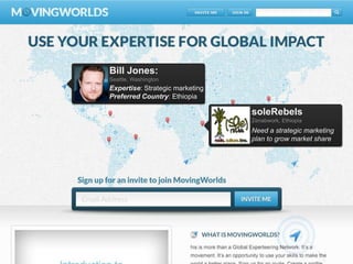 Bill Jones:
Seattle, Washington
Expertise: Strategic marketing
Preferred Country: Ethiopia

                                 soleRebels
                                 Zenabwork, Ethiopia
                                 Need a strategic marketing
                                 plan to grow market share
 