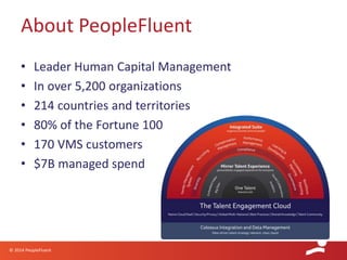 © 2014 PeopleFluent
• Leader Human Capital Management
• In over 5,200 organizations
• 214 countries and territories
• 80% of the Fortune 100
• 170 VMS customers
• $7B managed spend
About PeopleFluent
 
