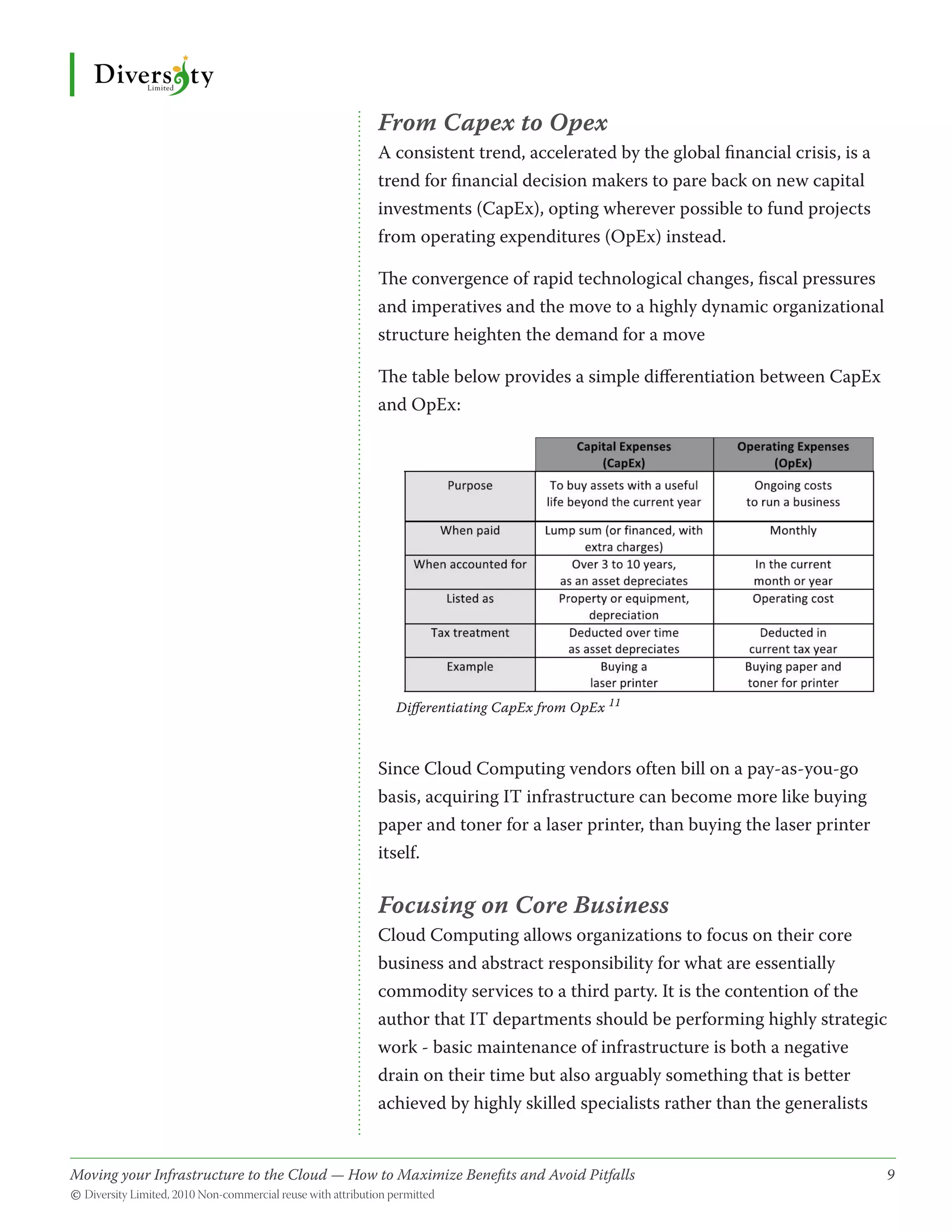 From Capex to Opex
                                              A consistent trend, accelerated by the global financial crisis, is a
                                              trend for financial decision makers to pare back on new capital
                                              investments (CapEx), opting wherever possible to fund projects
                                              from operating expenditures (OpEx) instead.

                                              The convergence of rapid technological changes, fiscal pressures
                                              and imperatives and the move to a highly dynamic organizational
                                              structure heighten the demand for a move

                                              The table below provides a simple differentiation between CapEx
                                              and OpEx:




                                                 Differentiating CapEx from OpEx 11



                                              Since Cloud Computing vendors often bill on a pay-as-you-go
                                              basis, acquiring IT infrastructure can become more like buying
                                              paper and toner for a laser printer, than buying the laser printer
                                              itself.

                                              Focusing on Core Business
                                              Cloud Computing allows organizations to focus on their core
                                              business and abstract responsibility for what are essentially
                                              commodity services to a third party. It is the contention of the
                                              author that IT departments should be performing highly strategic
                                              work - basic maintenance of infrastructure is both a negative
                                              drain on their time but also arguably something that is better
                                              achieved by highly skilled specialists rather than the generalists


Moving your Infrastructure to the Cloud — How to Maximize Benefits and Avoid Pitfalls 	
                                                   ­                                                                 9
© Diversity Limited, 2010 Non-commercial reuse with attribution permitted
 