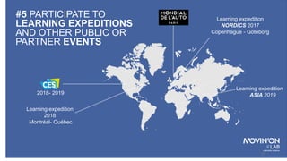12
#5 PARTICIPATE TO
LEARNING EXPEDITIONS
AND OTHER PUBLIC OR
PARTNER EVENTS
Learning expedition
2018
Montréal- Québec
Learning expedition
NORDICS 2017
Copenhague - Göteborg
Learning expedition
ASIA 20192018- 2019
 