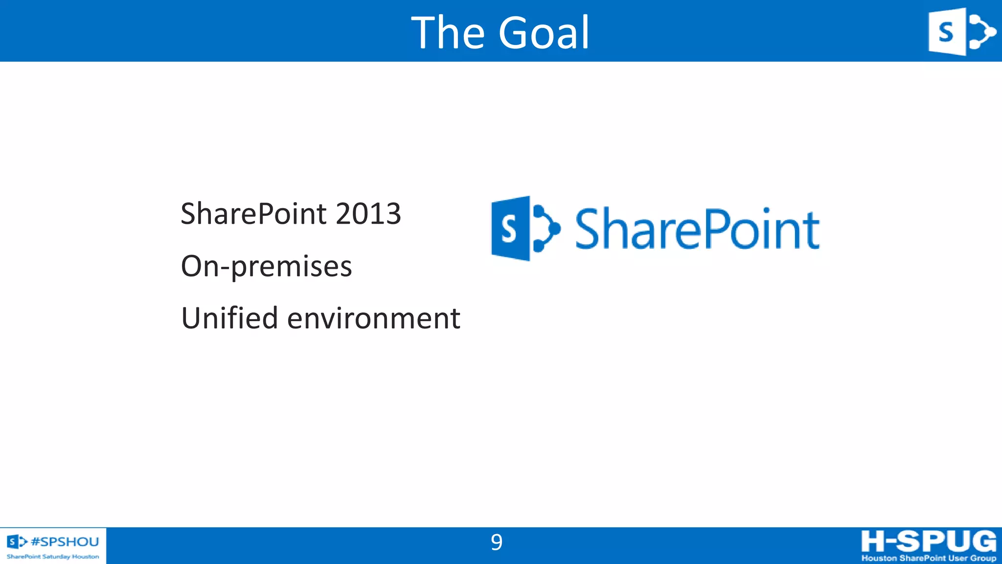 9
SharePoint 2013
On-premises
Unified environment
The Goal
 