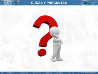 DUDAS Y PREGUNTAS




Jordi Gimeno   >   Marc Miranda   >   Anna Navarro   >   Silvia Orte   >   Borja Sala   >   Jaume Sala   Tutor: Andrew Mackenzie
 