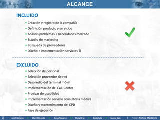 ALCANCE

    INCLUIDO
               • Creación y registro de la compañía
               • Definición producto y servicios
               • Análisis problemas + necesidades mercado
               • Estudio de marketing
               • Búsqueda de proveedores
               • Diseño + implementación servicios TI



    EXCLUIDO
               • Selección de personal
               • Selección proveedor de red
               • Desarrollo del terminal móvil
               • Implementación del Call-Center
               • Pruebas de usabilidad
               • Implementación servicio consultoría médica
               • Diseño y mantenimiento del CPD
               • Fase de ejecución

Jordi Gimeno    >   Marc Miranda   >   Anna Navarro   >   Silvia Orte   >   Borja Sala   >   Jaume Sala   Tutor: Andrew Mackenzie
 