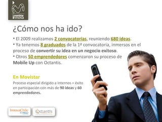 El 2009 realizamos  2 convocatorias , reuniendo  680 ideas . Ya tenemos  8 graduados  de la 1ª convocatoria, inmersos en el proceso de  convertir su idea en un negocio exitoso . Otros  50 emprendedores   comenzaron su proceso de  Mobile Up  con Octantis. Proceso especial dirigido a internos = éxito en participación con más de  90 ideas  y  60 emprendedores. En Movistar ¿Cómo nos ha ido? 