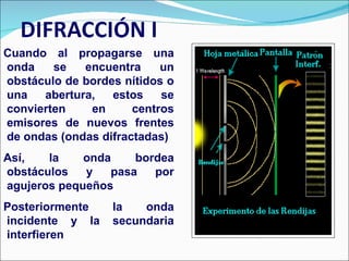 Cuando al propagarse una onda se encuentra un obstáculo de bordes nítidos o una abertura, estos se convierten en centros emisores de nuevos frentes de ondas (ondas difractadas) Así, la onda bordea obstáculos y pasa por agujeros pequeños Posteriormente la onda incidente y la secundaria interfieren 
