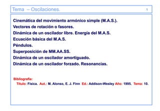 Tema – Oscilaciones.
Cinemática del movimiento armónico simple (M.A.S.).
Vectores de rotación o fasores.
Dinámica de un oscilador libre. Energía del M.A.S.
Ecuación básica del M.A.S.
Péndulos.
Superposición de MM.AA.SS.
Dinámica de un oscilador amortiguado.
Dinámica de un oscilador forzado. Resonancias.
Bibliografía:
Título: Física. Aut.: M. Alonso, E. J. Finn Ed.: Addison-Wesley Año: 1995. Tema: 10.
1
 