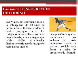 Los Viajes, las conversaciones y
la inteligencia de Chirinos le
permitieron cultivarse y adquirir
cierto prestigio entre los
trabajadores de la Sierra coriana,
pues además, era un negro que
había vivido experiencias
distintas y enriquecedoras, que el
resto de sus iguales.
Causas de la INSURRECIÓN
DE CHIRINO
La agitación en que se
encontraban los
esclavos en esos
momentos hacía la
ocasión propicia para
llevar a cabo lo
propósitos de libertad.
 