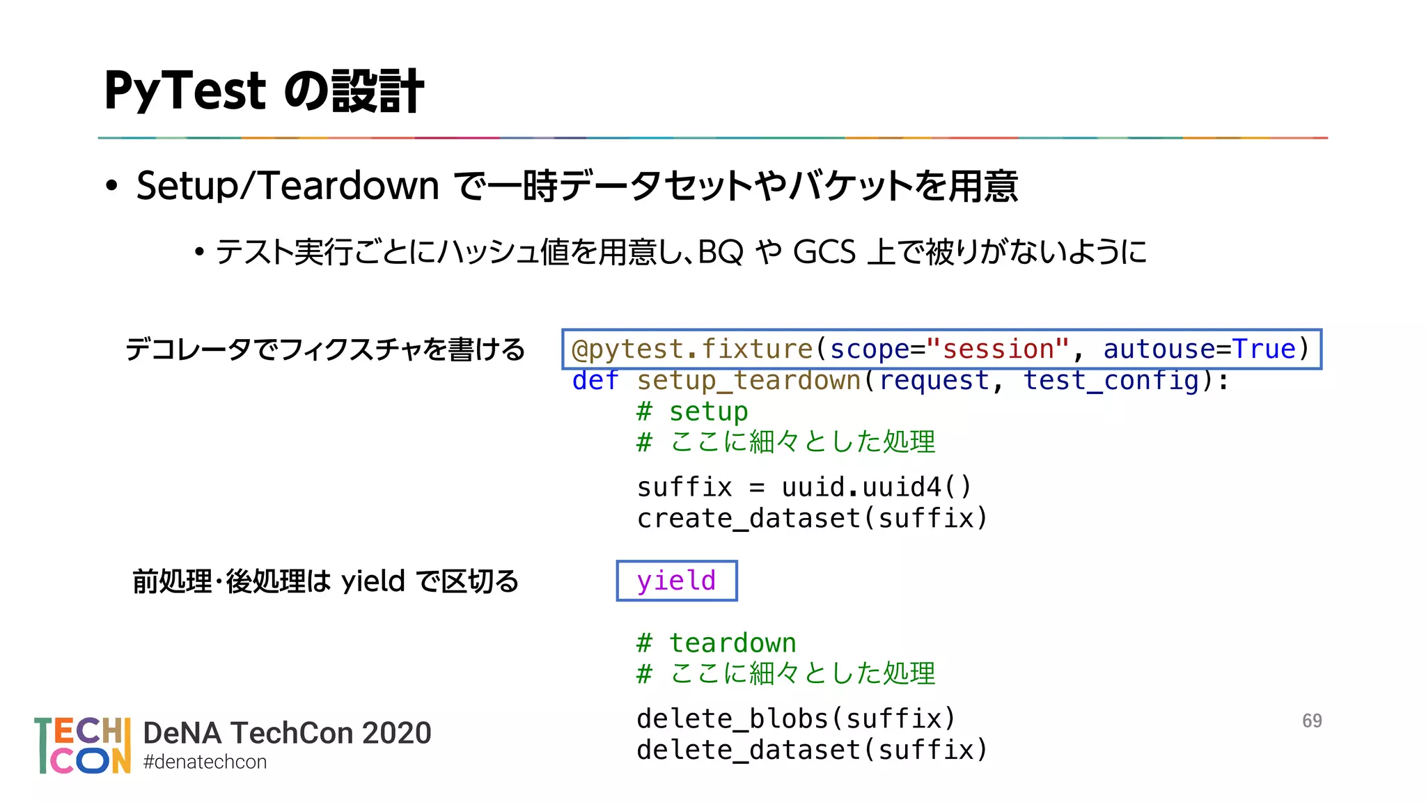 DeNA TechCon 2020
#denatechcon
※
@pytest.fixture(scope="session", autouse=True)
def setup_teardown(request, test_config):
# setup
#
suffix = uuid.uuid4()
create_dataset(suffix)
yield
# teardown
#
delete_blobs(suffix)
delete_dataset(suffix)
 