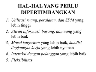 HAL-HAL YANG PERLU
DIPERTIMBANGKAN
1. Utilisasi ruang, peralatan, dan SDM yang
lebih tinggi
2. Aliran informasi, barang, dan uang yang
lebih baik
3. Moral karyawan yang lebih baik, kondisi
lingkungan kerja yang lebih nyaman
4. Interaksi dengan pelanggan yang lebih baik
5. Fleksibilitas
 