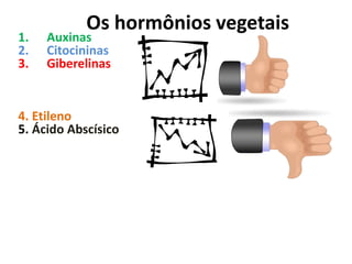 Os hormônios vegetais 
1. Auxinas 
2. Citocininas 
3. Giberelinas 
4. Etileno 
5. Ácido Abscísico 
 