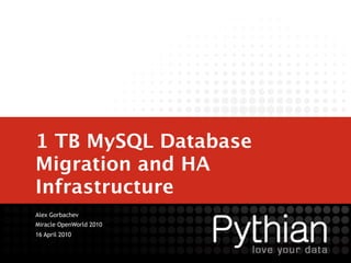 1 TB MySQL Database
Migration and HA
Infrastructure
Alex Gorbachev
Miracle OpenWorld 2010
16 April 2010
 