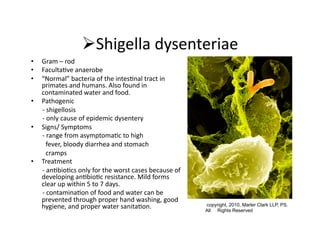  Shigella dysenteriae 
•      Gram – rod 
•      Faculta6ve anaerobe 
•      “Normal” bacteria of the intes6nal tract in 
       primates and humans. Also found in 
       contaminated water and food. 
•  Pathogenic 
       ‐ shigellosis 
       ‐ only cause of epidemic dysentery  
•  Signs/ Symptoms 
       ‐ range from asymptoma6c to high 
         fever, bloody diarrhea and stomach 
         cramps 
•  Treatment 
       ‐ an6bio6cs only for the worst cases because of 
       developing an6bio6c resistance. Mild forms 
       clear up within 5 to 7 days. 
       ‐ contamina6on of food and water can be 
       prevented through proper hand washing, good 
       hygiene, and proper water sanita6on.               copyright, 2010, Marler Clark LLP, PS.
                                                          All Rights Reserved
 