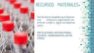 RRECURSOS MATERIALES
Son los bienes tangibles que disponen
una empresa u organización con
el fin de cumplir y lograr sus objetivos
como:
INSTALACIONES, MATERIA PRIMA,
EQUIPOS, HERRAMIENTAS, ENTRE
OTROS.
11
 