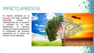 IMPACTO AMBIENTAL
15
El impacto ambiental es la
alteración del medio ambiente,
provocada directa o
indirectamente por un proyecto
o actividad en un área
determinada, en términos
simples el impacto ambiental es
la modificación del ambiente
ocasionada por la acción del
hombre o de la naturaleza.
 