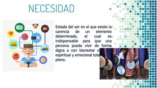 NECESIDAD
Estado del ser en el que existe la
carencia de un elemento
determinado, el cual es
indispensable para que una
persona pueda vivir de forma
digna o con bienestar corporal,
espiritual y emocional totalmente
pleno.
 