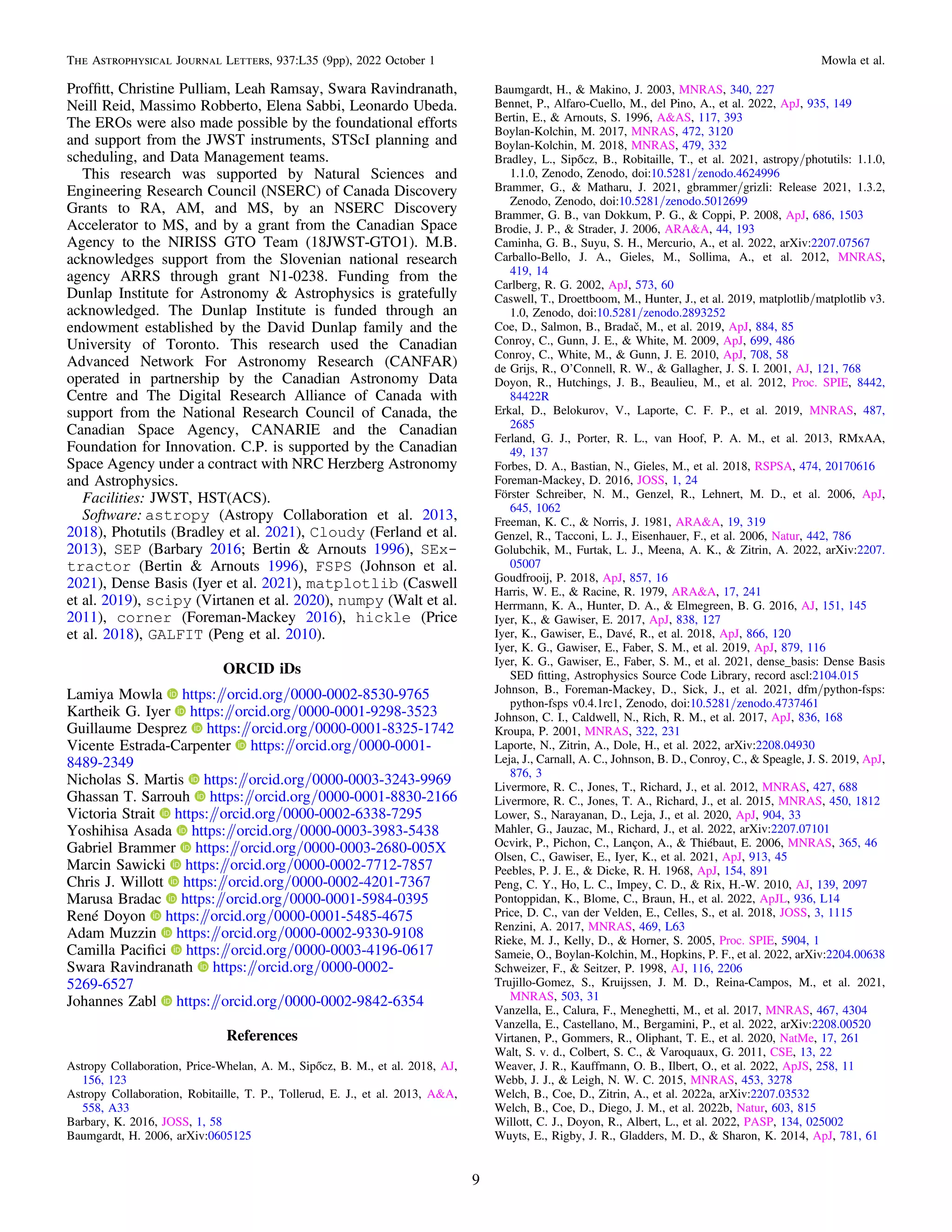 Profﬁtt, Christine Pulliam, Leah Ramsay, Swara Ravindranath,
Neill Reid, Massimo Robberto, Elena Sabbi, Leonardo Ubeda.
The EROs were also made possible by the foundational efforts
and support from the JWST instruments, STScI planning and
scheduling, and Data Management teams.
This research was supported by Natural Sciences and
Engineering Research Council (NSERC) of Canada Discovery
Grants to RA, AM, and MS, by an NSERC Discovery
Accelerator to MS, and by a grant from the Canadian Space
Agency to the NIRISS GTO Team (18JWST-GTO1). M.B.
acknowledges support from the Slovenian national research
agency ARRS through grant N1-0238. Funding from the
Dunlap Institute for Astronomy & Astrophysics is gratefully
acknowledged. The Dunlap Institute is funded through an
endowment established by the David Dunlap family and the
University of Toronto. This research used the Canadian
Advanced Network For Astronomy Research (CANFAR)
operated in partnership by the Canadian Astronomy Data
Centre and The Digital Research Alliance of Canada with
support from the National Research Council of Canada, the
Canadian Space Agency, CANARIE and the Canadian
Foundation for Innovation. C.P. is supported by the Canadian
Space Agency under a contract with NRC Herzberg Astronomy
and Astrophysics.
Facilities: JWST, HST(ACS).
Software: astropy (Astropy Collaboration et al. 2013,
2018), Photutils (Bradley et al. 2021), Cloudy (Ferland et al.
2013), SEP (Barbary 2016; Bertin & Arnouts 1996), SEx-
tractor (Bertin & Arnouts 1996), FSPS (Johnson et al.
2021), Dense Basis (Iyer et al. 2021), matplotlib (Caswell
et al. 2019), scipy (Virtanen et al. 2020), numpy (Walt et al.
2011), corner (Foreman-Mackey 2016), hickle (Price
et al. 2018), GALFIT (Peng et al. 2010).
ORCID iDs
Lamiya Mowla https:/
/orcid.org/0000-0002-8530-9765
Kartheik G. Iyer https:/
/orcid.org/0000-0001-9298-3523
Guillaume Desprez https:/
/orcid.org/0000-0001-8325-1742
Vicente Estrada-Carpenter https:/
/orcid.org/0000-0001-
8489-2349
Nicholas S. Martis https:/
/orcid.org/0000-0003-3243-9969
Ghassan T. Sarrouh https:/
/orcid.org/0000-0001-8830-2166
Victoria Strait https:/
/orcid.org/0000-0002-6338-7295
Yoshihisa Asada https:/
/orcid.org/0000-0003-3983-5438
Gabriel Brammer https:/
/orcid.org/0000-0003-2680-005X
Marcin Sawicki https:/
/orcid.org/0000-0002-7712-7857
Chris J. Willott https:/
/orcid.org/0000-0002-4201-7367
Marusa Bradac https:/
/orcid.org/0000-0001-5984-0395
René Doyon https:/
/orcid.org/0000-0001-5485-4675
Adam Muzzin https:/
/orcid.org/0000-0002-9330-9108
Camilla Paciﬁci https:/
/orcid.org/0000-0003-4196-0617
Swara Ravindranath https:/
/orcid.org/0000-0002-
5269-6527
Johannes Zabl https:/
/orcid.org/0000-0002-9842-6354
References
Astropy Collaboration, Price-Whelan, A. M., Sipőcz, B. M., et al. 2018, AJ,
156, 123
Astropy Collaboration, Robitaille, T. P., Tollerud, E. J., et al. 2013, A&A,
558, A33
Barbary, K. 2016, JOSS, 1, 58
Baumgardt, H. 2006, arXiv:0605125
Baumgardt, H., & Makino, J. 2003, MNRAS, 340, 227
Bennet, P., Alfaro-Cuello, M., del Pino, A., et al. 2022, ApJ, 935, 149
Bertin, E., & Arnouts, S. 1996, A&AS, 117, 393
Boylan-Kolchin, M. 2017, MNRAS, 472, 3120
Boylan-Kolchin, M. 2018, MNRAS, 479, 332
Bradley, L., Sipőcz, B., Robitaille, T., et al. 2021, astropy/photutils: 1.1.0,
1.1.0, Zenodo, Zenodo, doi:10.5281/zenodo.4624996
Brammer, G., & Matharu, J. 2021, gbrammer/grizli: Release 2021, 1.3.2,
Zenodo, Zenodo, doi:10.5281/zenodo.5012699
Brammer, G. B., van Dokkum, P. G., & Coppi, P. 2008, ApJ, 686, 1503
Brodie, J. P., & Strader, J. 2006, ARA&A, 44, 193
Caminha, G. B., Suyu, S. H., Mercurio, A., et al. 2022, arXiv:2207.07567
Carballo-Bello, J. A., Gieles, M., Sollima, A., et al. 2012, MNRAS,
419, 14
Carlberg, R. G. 2002, ApJ, 573, 60
Caswell, T., Droettboom, M., Hunter, J., et al. 2019, matplotlib/matplotlib v3.
1.0, Zenodo, doi:10.5281/zenodo.2893252
Coe, D., Salmon, B., Bradač, M., et al. 2019, ApJ, 884, 85
Conroy, C., Gunn, J. E., & White, M. 2009, ApJ, 699, 486
Conroy, C., White, M., & Gunn, J. E. 2010, ApJ, 708, 58
de Grijs, R., O’Connell, R. W., & Gallagher, J. S. I. 2001, AJ, 121, 768
Doyon, R., Hutchings, J. B., Beaulieu, M., et al. 2012, Proc. SPIE, 8442,
84422R
Erkal, D., Belokurov, V., Laporte, C. F. P., et al. 2019, MNRAS, 487,
2685
Ferland, G. J., Porter, R. L., van Hoof, P. A. M., et al. 2013, RMxAA,
49, 137
Forbes, D. A., Bastian, N., Gieles, M., et al. 2018, RSPSA, 474, 20170616
Foreman-Mackey, D. 2016, JOSS, 1, 24
Förster Schreiber, N. M., Genzel, R., Lehnert, M. D., et al. 2006, ApJ,
645, 1062
Freeman, K. C., & Norris, J. 1981, ARA&A, 19, 319
Genzel, R., Tacconi, L. J., Eisenhauer, F., et al. 2006, Natur, 442, 786
Golubchik, M., Furtak, L. J., Meena, A. K., & Zitrin, A. 2022, arXiv:2207.
05007
Goudfrooij, P. 2018, ApJ, 857, 16
Harris, W. E., & Racine, R. 1979, ARA&A, 17, 241
Herrmann, K. A., Hunter, D. A., & Elmegreen, B. G. 2016, AJ, 151, 145
Iyer, K., & Gawiser, E. 2017, ApJ, 838, 127
Iyer, K., Gawiser, E., Davé, R., et al. 2018, ApJ, 866, 120
Iyer, K. G., Gawiser, E., Faber, S. M., et al. 2019, ApJ, 879, 116
Iyer, K. G., Gawiser, E., Faber, S. M., et al. 2021, dense_basis: Dense Basis
SED ﬁtting, Astrophysics Source Code Library, record ascl:2104.015
Johnson, B., Foreman-Mackey, D., Sick, J., et al. 2021, dfm/python-fsps:
python-fsps v0.4.1rc1, Zenodo, doi:10.5281/zenodo.4737461
Johnson, C. I., Caldwell, N., Rich, R. M., et al. 2017, ApJ, 836, 168
Kroupa, P. 2001, MNRAS, 322, 231
Laporte, N., Zitrin, A., Dole, H., et al. 2022, arXiv:2208.04930
Leja, J., Carnall, A. C., Johnson, B. D., Conroy, C., & Speagle, J. S. 2019, ApJ,
876, 3
Livermore, R. C., Jones, T., Richard, J., et al. 2012, MNRAS, 427, 688
Livermore, R. C., Jones, T. A., Richard, J., et al. 2015, MNRAS, 450, 1812
Lower, S., Narayanan, D., Leja, J., et al. 2020, ApJ, 904, 33
Mahler, G., Jauzac, M., Richard, J., et al. 2022, arXiv:2207.07101
Ocvirk, P., Pichon, C., Lançon, A., & Thiébaut, E. 2006, MNRAS, 365, 46
Olsen, C., Gawiser, E., Iyer, K., et al. 2021, ApJ, 913, 45
Peebles, P. J. E., & Dicke, R. H. 1968, ApJ, 154, 891
Peng, C. Y., Ho, L. C., Impey, C. D., & Rix, H.-W. 2010, AJ, 139, 2097
Pontoppidan, K., Blome, C., Braun, H., et al. 2022, ApJL, 936, L14
Price, D. C., van der Velden, E., Celles, S., et al. 2018, JOSS, 3, 1115
Renzini, A. 2017, MNRAS, 469, L63
Rieke, M. J., Kelly, D., & Horner, S. 2005, Proc. SPIE, 5904, 1
Sameie, O., Boylan-Kolchin, M., Hopkins, P. F., et al. 2022, arXiv:2204.00638
Schweizer, F., & Seitzer, P. 1998, AJ, 116, 2206
Trujillo-Gomez, S., Kruijssen, J. M. D., Reina-Campos, M., et al. 2021,
MNRAS, 503, 31
Vanzella, E., Calura, F., Meneghetti, M., et al. 2017, MNRAS, 467, 4304
Vanzella, E., Castellano, M., Bergamini, P., et al. 2022, arXiv:2208.00520
Virtanen, P., Gommers, R., Oliphant, T. E., et al. 2020, NatMe, 17, 261
Walt, S. v. d., Colbert, S. C., & Varoquaux, G. 2011, CSE, 13, 22
Weaver, J. R., Kauffmann, O. B., Ilbert, O., et al. 2022, ApJS, 258, 11
Webb, J. J., & Leigh, N. W. C. 2015, MNRAS, 453, 3278
Welch, B., Coe, D., Zitrin, A., et al. 2022a, arXiv:2207.03532
Welch, B., Coe, D., Diego, J. M., et al. 2022b, Natur, 603, 815
Willott, C. J., Doyon, R., Albert, L., et al. 2022, PASP, 134, 025002
Wuyts, E., Rigby, J. R., Gladders, M. D., & Sharon, K. 2014, ApJ, 781, 61
9
The Astrophysical Journal Letters, 937:L35 (9pp), 2022 October 1 Mowla et al.
 