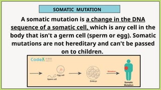 A somatic mutation is a change in the DNA
sequence of a somatic cell, which is any cell in the
body that isn't a germ cell (sperm or egg). Somatic
mutations are not hereditary and can't be passed
on to children.
SOMATIC MUTATION
 