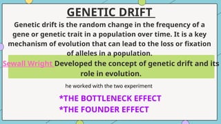 GENETIC DRIFT
Genetic drift is the random change in the frequency of a
gene or genetic trait in a population over time. It is a key
mechanism of evolution that can lead to the loss or fixation
of alleles in a population.
Sewall Wright Developed the concept of genetic drift and its
role in evolution.
he worked with the two experiment
*THE BOTTLENECK EFFECT
*THE FOUNDER EFFECT
 