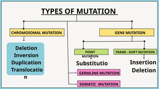 TYPES OF MUTATION
CHROMOSOMAL MUTATION GENE MUTATION
Deletion
Inversion
Duplication
Translocatio
n
POINT
MUTATION
FRAME - SHIFT MUTATION
Substitutio
n
Insertion
Deletion
GERMLINE MUTATION
SOMATIC MUTATION
 