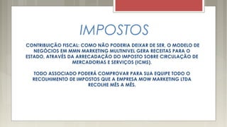 IMPOSTOS
CONTRIBUIÇÃO FISCAL: COMO NÃO PODERIA DEIXAR DE SER, O MODELO DE
NEGÓCIOS EM MMN MARKETING MULTINIVEL GERA RECEITAS PARA O
ESTADO, ATRAVÉS DA ARRECADAÇÃO DO IMPOSTO SOBRE CIRCULAÇÃO DE
MERCADORIAS E SERVIÇOS (ICMS).
TODO ASSOCIADO PODERÁ COMPROVAR PARA SUA EQUIPE TODO O
RECOLHIMENTO DE IMPOSTOS QUE A EMPRESA MOW MARKETING LTDA
RECOLHE MÊS A MÊS.
 