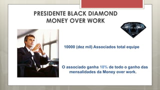 PRESIDENTE BLACK DIAMOND
MONEY OVER WORK
10000 (dez mil) Associados total equipe
O associado ganha 18% de todo o ganho das
mensalidades da Money over work.
 