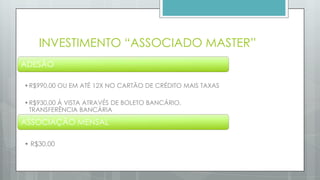 ADESÃO
•R$990,00 OU EM ATÉ 12X NO CARTÃO DE CRÉDITO MAIS TAXAS
•R$900,00 Á VISTA ATRAVÉS DE BOLETO BANCÁRIO,
TRANSFERÊNCIA BANCÁRIA
ASSOCIAÇÃO MENSAL • R$30,00
 