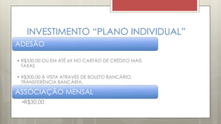 INVESTIMENTO “PLANO INDIVIDUAL”
ADESÃO
• R$330,00 OU EM ATÉ 6X NO CARTÃO DE CRÉDITO MAIS
TAXAS
• R$300,00 Á VISTA ATRAVÉS DE BOLETO BANCÁRIO,
TRANSFERÊNCIA BANCÁRIA.
ASSOCIAÇÃO MENSAL
•R$30,00
 