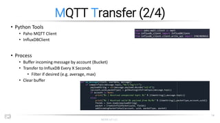 MOXIE IoT LLC
14
MQTT Transfer (2/4)
• Python Tools
• Paho MQTT Client
• InfluxDBClient
• Process
• Buffer incoming messag...