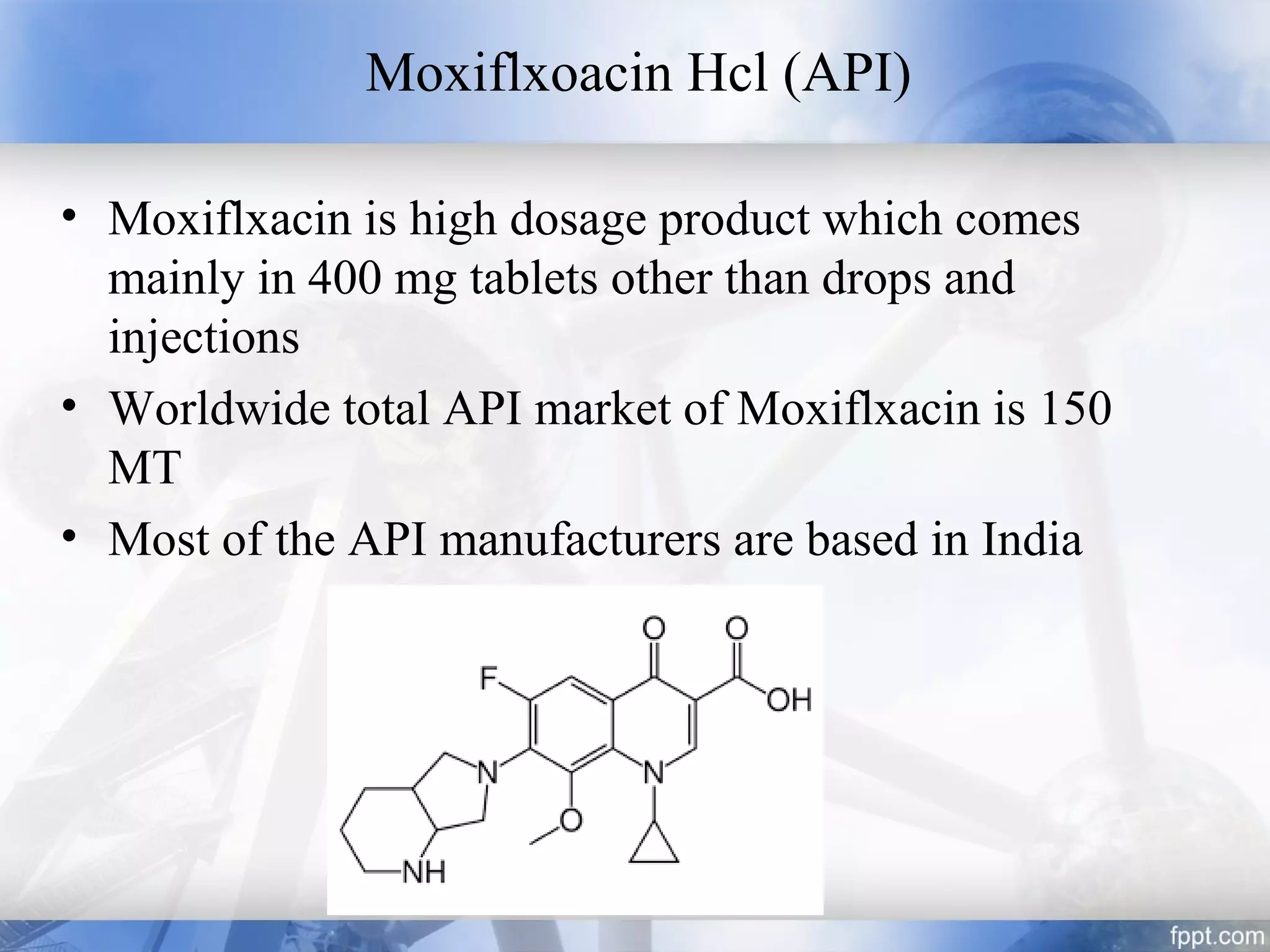 Moxiflxoacin Hcl (API)
• Moxiflxacin is high dosage product which comes
mainly in 400 mg tablets other than drops and
injections
• Worldwide total API market of Moxiflxacin is 150
MT
• Most of the API manufacturers are based in India
 