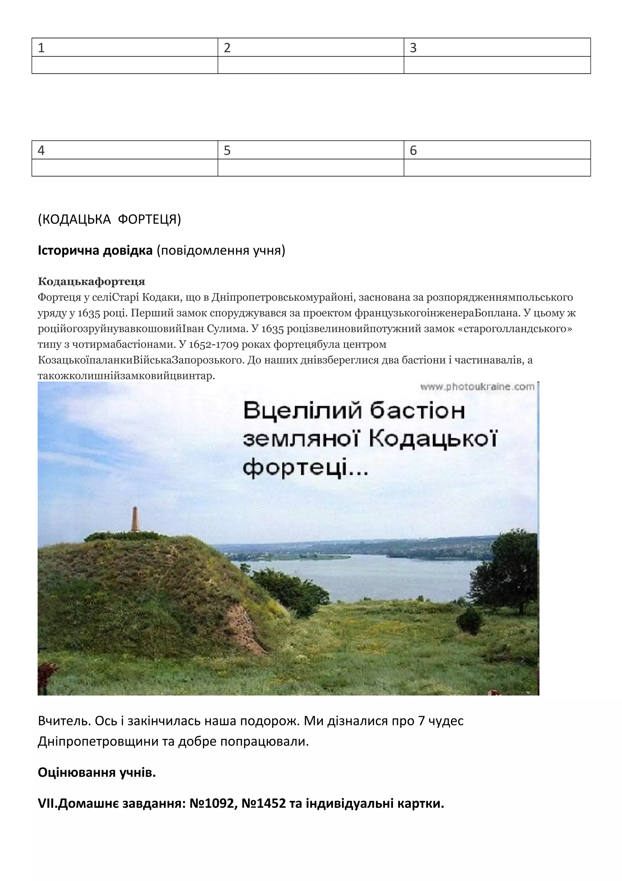 1 2 3
4 5 6
(КОДАЦЬКА ФОРТЕЦЯ)
Історична довідка (повідомлення учня)
Кодацькафортеця
Фортеця у селіСтарі Кодаки, що в Дніпропетровськомурайоні, заснована за розпорядженнямпольського
уряду у 1635 році. Перший замок споруджувався за проектом французькогоінженераБоплана. У цьому ж
роційогозруйнувавкошовийІван Сулима. У 1635 роцізвелиновийпотужний замок «староголландського»
типу з чотирмабастіонами. У 1652-1709 роках фортецябула центром
КозацькоїпаланкиВійськаЗапорозького. До наших днівзбереглися два бастіони і частинавалів, а
такожколишнійзамковийцвинтар.
Вчитель. Ось і закінчилась наша подорож. Ми дізналися про 7 чудес
Дніпропетровщини та добре попрацювали.
Оцінювання учнів.
VII.Домашнє завдання: №1092, №1452 та індивідуальні картки.
 