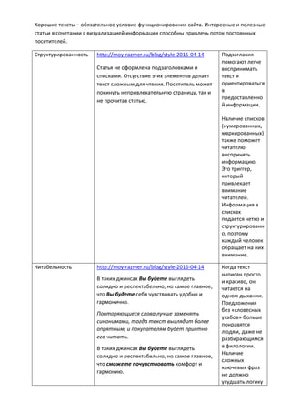 Хорошие тексты – обязательное условие функционирования сайта. Интересные и полезные
статьи в сочетании с визуализацией информации способны привлечь поток постоянных
посетителей.
Структурированность http://moy-razmer.ru/blog/style-2015-04-14
Статья не оформлена подзаголовками и
списками. Отсутствие этих элементов делает
текст сложным для чтения. Посетитель может
покинуть непривлекательную страницу, так и
не прочитав статью.
Подзаглавия
помогают легче
воспринимать
текст и
ориентироваться
в
предоставленно
й информации.
Наличие списков
(нумерованных,
маркированных)
также поможет
читателю
воспринять
информацию.
Это триггер,
который
привлекает
внимание
читателей.
Информация в
списках
подается четко и
структурированн
о, поэтому
каждый человек
обращает на них
внимание.
Читабельность http://moy-razmer.ru/blog/style-2015-04-14
В таких джинсах Вы будете выглядеть
солидно и респектабельно, но самое главное,
что Вы будете себя чувствовать удобно и
гармонично.
Повторяющиеся слова лучше заменять
синонимами, тогда текст выглядит более
опрятным, и покупателям будет приятно
его читать.
В таких джинсах Вы будете выглядеть
солидно и респектабельно, но самое главное,
что сможете почувствовать комфорт и
гармонию.
Когда текст
написан просто
и красиво, он
читается на
одном дыхании.
Предложения
без «словесных
ухабов» больше
понравятся
людям, даже не
разбирающимся
в филологии.
Наличие
сложных
ключевых фраз
не должно
ухудшать логику
 
