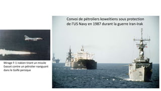 Convoi de pétroliers koweïtiens sous protection
de l'US Navy en 1987 durant la guerre Iran-Irak
Mirage F-1 irakien tirant un missile
Exocet contre un pétrolier naviguant
dans le Golfe persique
 