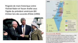 Poignée de main historique entre
Yitzhak Rabin et Yasser Arafat sous
l’égide du président américain Bill
Clinton lors des accords d’Oslo (1993)
 