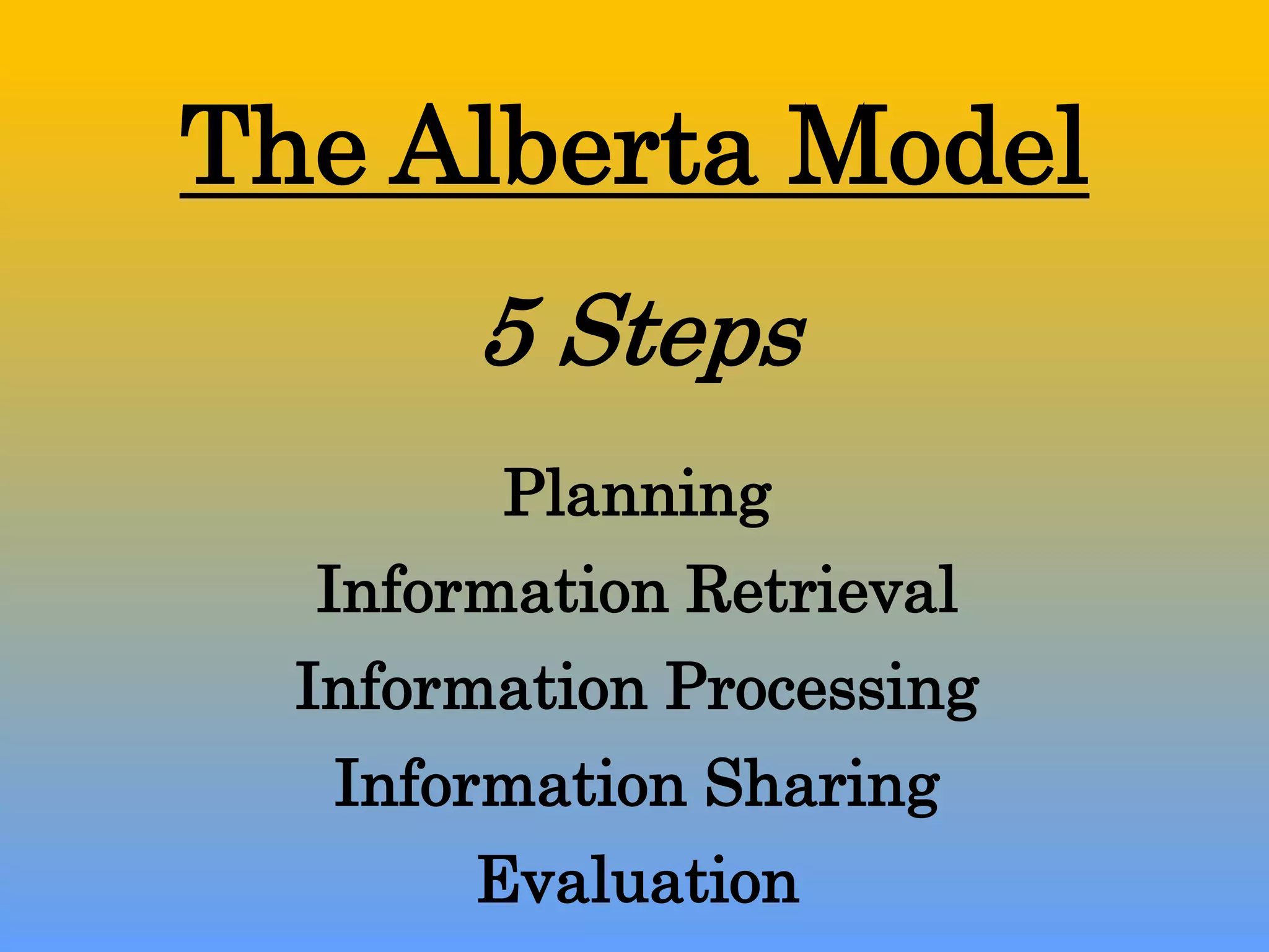 The Alberta Model
       5 Steps
        Planning
  Information Retrieval
  Information Processing
   Information Sharing
       Evaluation
 