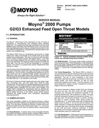 1
SERVICE MANUAL
Moyno®
2000 Pumps
G2/G3 Enhanced Feed Open Throat Models
1-1. INTRODUCTION
1-2. GENERAL
The Moyno®
2000 Pump is the culmination of over 70 years of
experience in manufacturing and marketing fluids handling
equipment. This rugged pump has been engineered to be the most
reliable product ever sold under the Moyno name. The pump has
been painstakingly tested to assure consistent performance in the
most difficult of applications. It represents the next generation of the
world’s most versatile pump.
The Moyno 2000 Pump is a progressing cavity pump. A single
helical rotor rolling eccentrically in the double helix of the stator
creates the pumping action. The rotor in conjunction with the stator
forms a series of sealed cavities 180 degrees apart. s the rotor
turns, the cavities progress from the suction to the discharge. As
one cavity diminishes, the opposing cavity increases at exactly the
same rate. Thus the sum of the two discharges is a constant
volume. The result is a pulsation-free positive displacement flow
utilizing no valves.
The G2 product line is the latest Moyno design which incorporates a
wide open throat feed hopper with auger connecting rod for better
fill efficiency. The G3 version incorporates the features of the G2
open throat plus has a separate bridge breaker mechanism to
effectively pump even higher solids and viscosity products. This
manual supports the G2/G3 version 5 product lines purchased after
Oct 2003 (See fig 1-1 for indicator in trim code).
G2 Version 5 features include integral extension tube, larger auger
feed connecting rods, and two piece drive shaft for easy
maintenance. The G3 Version 5 includes the features of the G2 plus
separate drive on the Bridge Breaker to allow the flexibility to vary
the paddle speed, separate from the pump, when needed. The
paddle shaft is designed for maintenance ease by allowing the
paddles to be removed from the inside of the suction hopper. This
feature allows servicing of the bottom pump portion without
disturbing the bridge breaker drive mechanism, significantly
reducing downtime.
1-3. NAMEPLATE DATA
The pump nameplate, located on the bearing housing, contains
important information relating to the operation and servicing of the
pump. This information includes the direction of rotation arrow and
the pump model and serial numbers (see Figure 1-1.). The pump
model number must be used for reference when ordering spare
parts.
1-4. Pump Rotation. A rotation arrow on the nameplate indicates
the direction of rotation. Normal rotation of Moyno 2000 pumps is
clockwise, when viewed from the driven end of the pump.
Figure 1-1. Typical nameplate showing rotation arrow,
model, and manufacturing serial numbers.
1-5. Model Number. The pump model number consists of
three component parts: Frame Designation, Type Designation
and a Trim Code. A typical model number, for example, might
be 2G036G2M20 CDQ 5AAA, as shown on the nameplate in
Figure 1-1. Version #5 is indicated before the trim code (IE:
5AAA).
1-6. Frame Designation. The Moyno 2000 is modular in
concept allowing for optimal matching of drive ends and pump
elements (rotor and stator) to meet the requirements of the
application. The ten or more characters in the frame
designation describe the particular combination of drive end,
hopper length, and pump elements, as well as other
construction details of your pump. The first character in the
frame designation, always a number, indicates the number of
stages of the pump elements.
The second character is always a letter (E-K) and indicates
the drive end size. The third, fourth and fifth numerical
characters are indicating the theoretical capability of the
pumping elements per 100 revolutions on water. The sixth
character represents the type of universal joint utilized, “G” =
gear type joint. The seventh character, a number, indicates
the type of suction housing. Open throat pumps are
designated by a “2”, open throat pumps with a bridge breaker
option by the numeral “3”. On the G2 and G3 versions, the
eighth character is a letter that represents the type of hopper
and auger style used. The length of the hopper is designated
by the ninth and tenth numerical characters. A length
designation of 20 indicates a hopper length made to mate to 2
meter belt filter press (2.2 meters wide).
1-7. Type Designation. Following the Frame Designation is
the Type Designation, a series of three letters describing the
materials from which the pump is constructed.
Section: MOYNO®
2000 G2/G3 PUMPS
Page: 1
Date: October 2005
 