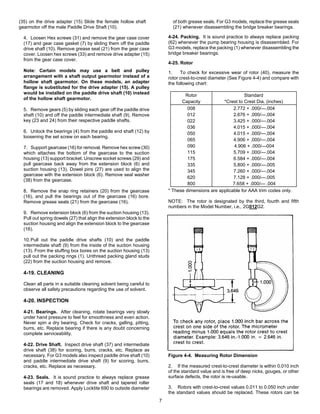 7
(35) on the drive adapter (15) Slide the female hollow shaft
gearmotor off the male Paddle Drive Shaft (10).
4. Loosen Hex screws (31) and remove the gear case cover
(17) and gear case gasket (7) by sliding them off the paddle
drive shaft (10). Remove grease seal (21) from the gear case
cover. Loosen hex screws (33) and remove drive adapter (15)
from the gear case cover.
Note: Certain models may use a belt and pulley
arrangement with a shaft output gearmotor instead of a
hollow shaft gearmotor. On these models, an adapter
flange is substituted for the drive adapter (15). A pulley
would be installed on the paddle drive shaft (10) instead
of the hollow shaft gearmotor.
5. Remove gears (5) by sliding each gear off the paddle drive
shaft (10) and off the paddle intermediate shaft (9). Remove
key (23 and 24) from their respective paddle shafts.
6. Unlock the bearings (4) from the paddle end shaft (12) by
loosening the set screw on each bearing.
7. Support gearcase (16) for removal. Remove hex screw (30)
which attaches the bottom of the gearcase to the suction
housing (13) support bracket. Unscrew socket screws (29) and
pull gearcase back away from the extension block (6) and
suction housing (13). Dowel pins (27) are used to align the
gearcase with the extension block (6). Remove seal washer
(38) from the gearcase.
8. Remove the snap ring retainers (20) from the gearcase
(16), and pull the bearings out of the gearcase (16) bore.
Remove grease seals (21) from the gearcase (16).
9. Remove extension block (6) from the suction housing (13).
Pull out spring dowels (27) that align the extension block to the
suction housing and align the extension block to the gearcase
(16).
10.Pull out the paddle drive shafts (10) and the paddle
intermediate shaft (9) from the inside of the suction housing
(13). From the stuffing box bores on the suction housing (13)
pull out the packing rings (1). Unthread packing gland studs
(22) from the suction housing and remove.
4-19. CLEANING
Clean all parts in a suitable cleaning solvent being careful to
observe all safety precautions regarding the use of solvent.
4-20. INSPECTION
4-21. Bearings. After cleaning, rotate bearings very slowly
under hand pressure to feel for smoothness and even action.
Never spin a dry bearing. Check for cracks, galling, pitting,
burrs, etc. Replace bearing if there is any doubt concerning
complete serviceability.
4-22. Drive Shaft. Inspect drive shaft (37) and intermediate
drive shaft (38) for scoring, burrs, cracks, etc. Replace as
necessary. For G3 models also inspect paddle drive shaft (10)
and paddle intermediate drive shaft (9) for scoring, burrs,
cracks, etc. Replace as necessary.
4-23. Seals. It is sound practice to always replace grease
seals (17 and 18) whenever drive shaft and tapered roller
bearings are removed. Apply Locktite 690 to outside diameter
of both grease seals. For G3 models, replace the grease seals
(21) whenever disassembling the bridge breaker bearings.
4-24. Packing. It is sound practice to always replace packing
(62) whenever the pump bearing housing is disassembled. For
G3 models, replace the packing (1) whenever disassembling the
bridge breaker bearings.
4-25. Rotor
1. To check for excessive wear of rotor (40), measure the
rotor crest-to-crest diameter (See Figure 4-4) and compare with
the following chart:
Rotor
Capacity
Standard
*Crest to Crest Dia. (inches)
008 2.772 + .000/—.004
012 2.676 + .000/—.004
022 3.425 + .000/—.004
036 4.015 + .000/—.004
050 4.015 + .000/—.004
065 4.906 + .000/—.004
090 4.906 + .000/—004
115 5.709 + .000/—.004
175 6.584 + .000/—.004
335 5.800 + .000/—.005
345 7.260 + .000/—.004
620 7.128 + .000/—.005
800 7.658 + .000/— .004
* These dimensions are applicable for AAA trim codes only.
NOTE: The rotor is designated by the third, fourth and fifth
numbers in the Model Number, i.e., 2G012G2.
Figure 4-4. Measuring Rotor Dimension
2. If the measured crest-to-crest diameter is within 0.010 inch
of the standard value and is free of deep nicks, gouges, or other
surface defects, the rotor is re-usable.
3. Rotors with crest-to-crest values 0.011 to 0.050 inch under
the standard values should be replaced. These rotors can be
 