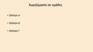 Χωριζόμαστε σε ομάδες
• ΟΜΑΔΑ Α΄
• ΟΜΑΔΑ Β΄
• ΟΜΑΔΑ Γ΄
 