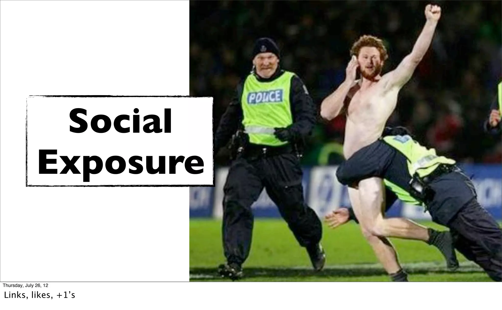 Social
               Exposure


Thursday, July 26, 12

Links, likes, +1’s
 